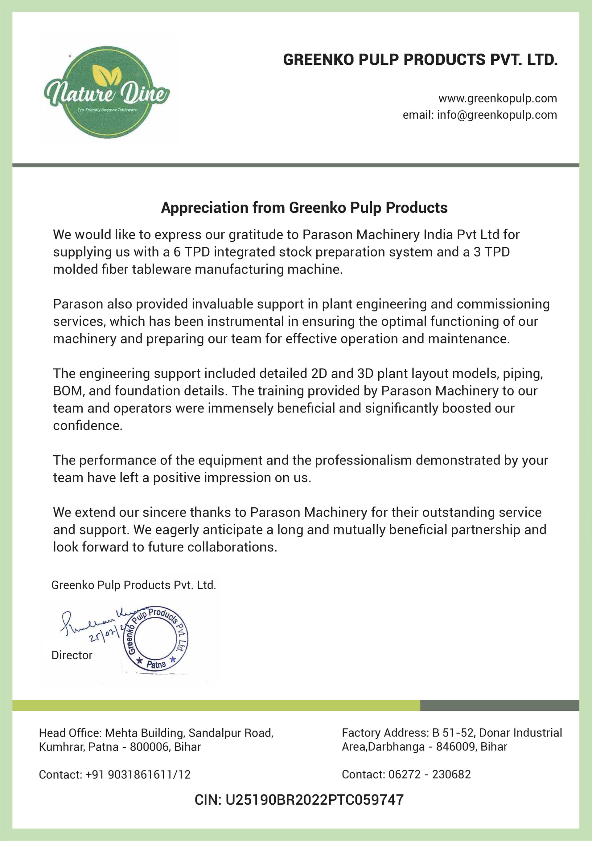 Greenko Pulp Products Pvt. Ltd. appreciation letter